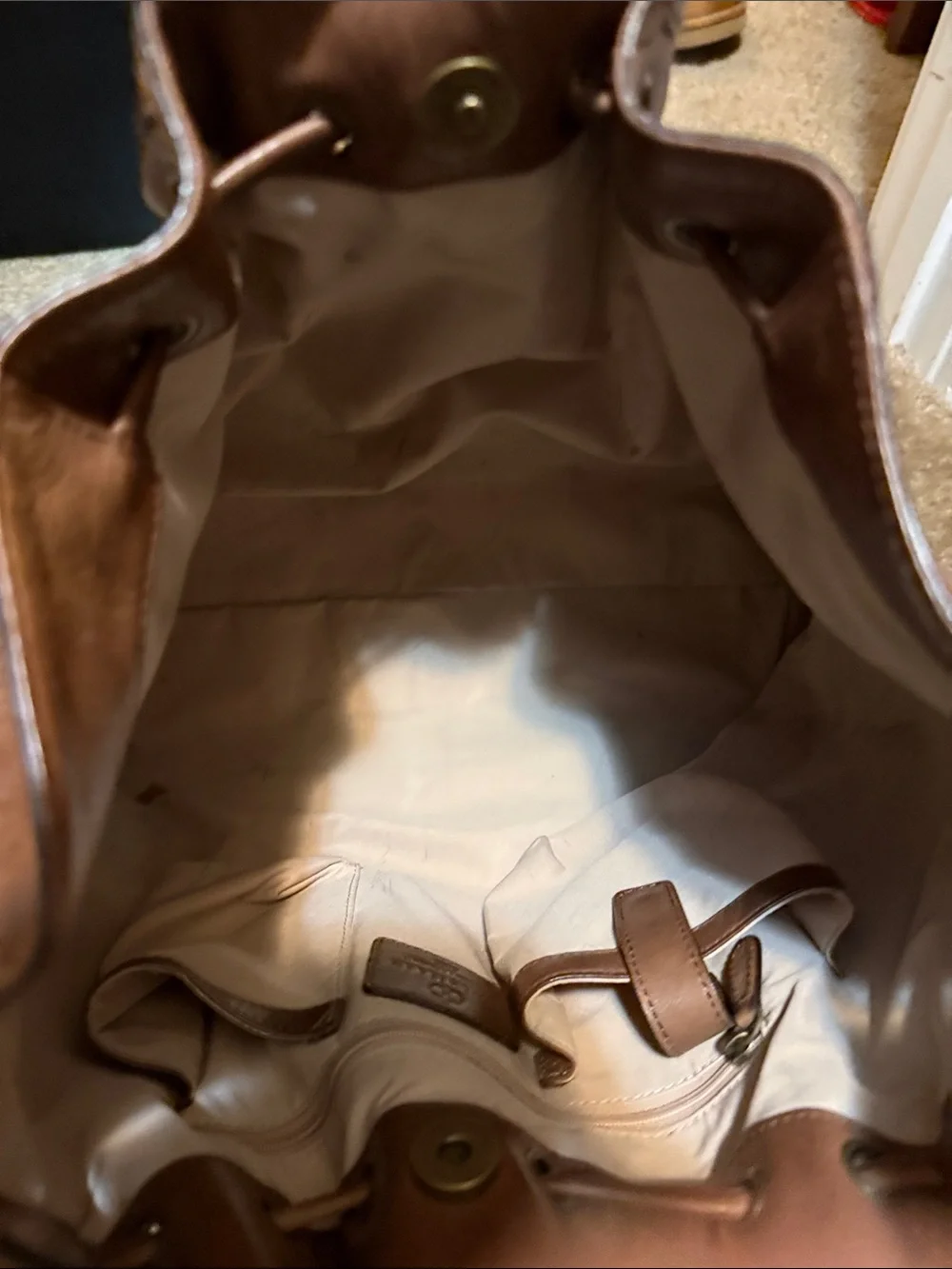 Cole Haan Brown Leather Drawstring Hobo Bag Studded Detailing